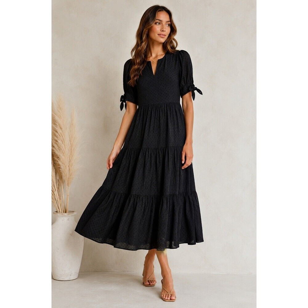 Brass & Roe Charity Tiered Midi Dress Black Swiss Dot Puff Sleeve Size M